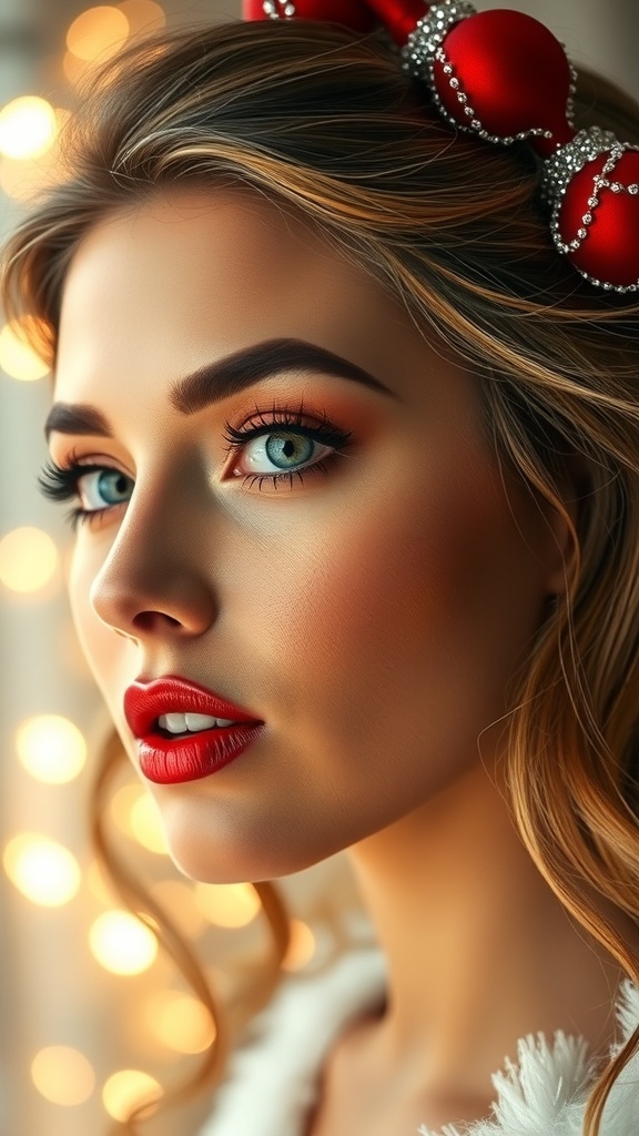 Close-up of a glamorous Christmas makeup look with radiant skin, bold eyes, and red lips.